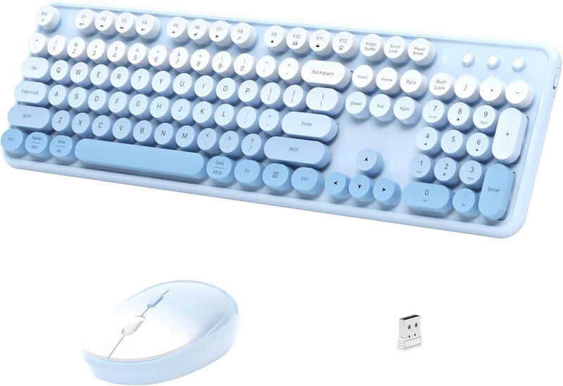 Links9+ Wireless Keyboard and Mouse, Full-Size Retro Typewriter Keyboard with Round Keycaps, 2.4GHz for Windows, Mac, Laptop, PC, Desktop (Blue Gradient) - Image 1